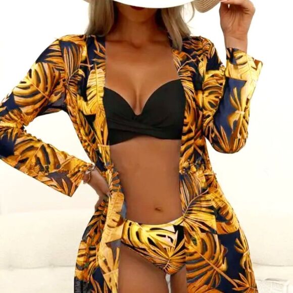 5- 3PCS Tropical Print Crisscross Bikini Set With Cover Up Chic and Sexy